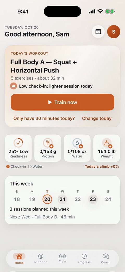 Steel Peak home screen after a low morning check-in: today's full-body workout now reads about 32 minutes, with the note Low check-in: lighter session today.